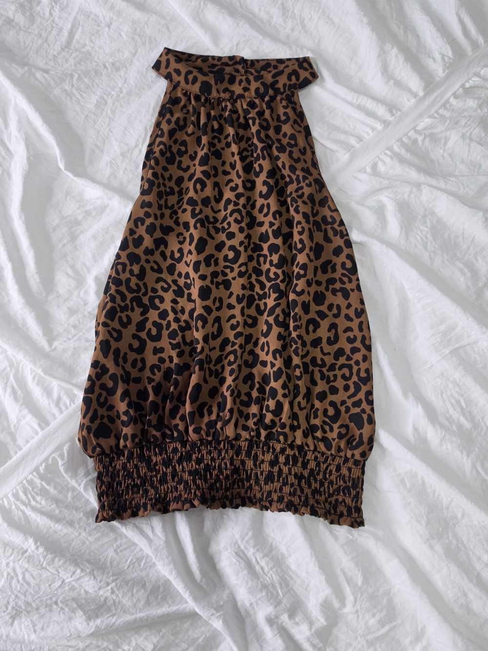 Leopard Print Mock-neck Blouse with Smocked Hem& Keyhole At Back NWOT